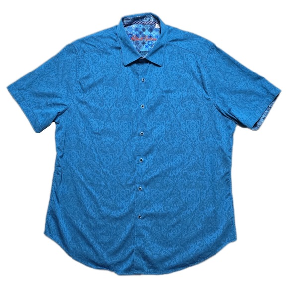 Robert Graham Mens XL Shirt S/S Blue Demask Geometric Paisley Floral Flip‎ Cuff - Picture 2 of 14